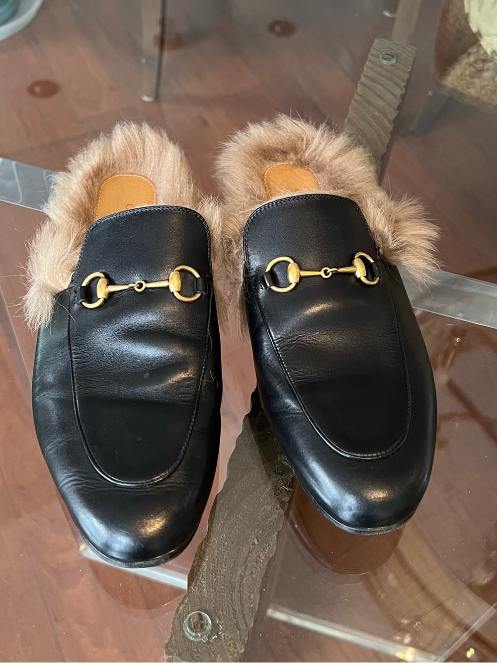 Gucci Horsebit Black Leather Faux-Fur Lined Slip-On Loafers Sz 40